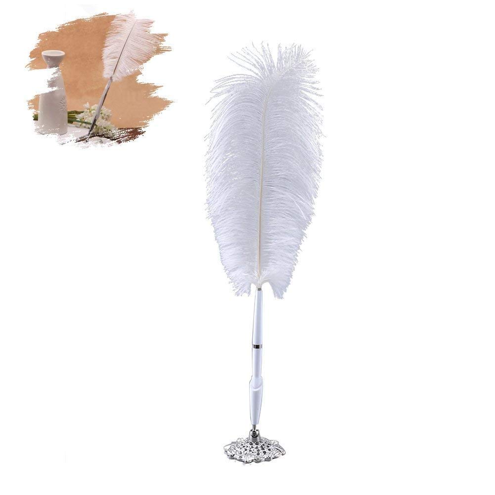 Quill Pen White Ostrich Feather Signing Pen Wedding Reception Guest Pen with Silver Metal Base