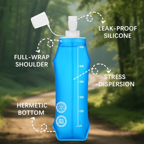 Euqvunn 2 Pcs Soft Water Bottle - BPA Free TPU 500ML Reusable Water Running Flask - Dust and Leak Proof for Hydration Bags, Running, Hiking, Camping, Cycling, Travel