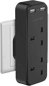 JSVER Double Plug Adapter with 2 USB Ports 13A Travel Power Splitter Black