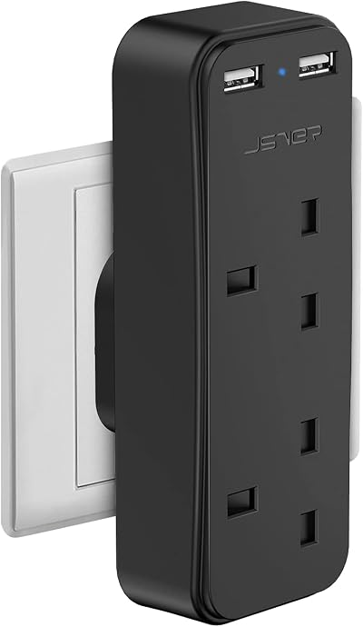 JSVER Double Plug Adapter with 2 USB Ports 13A Travel Power Splitter Black