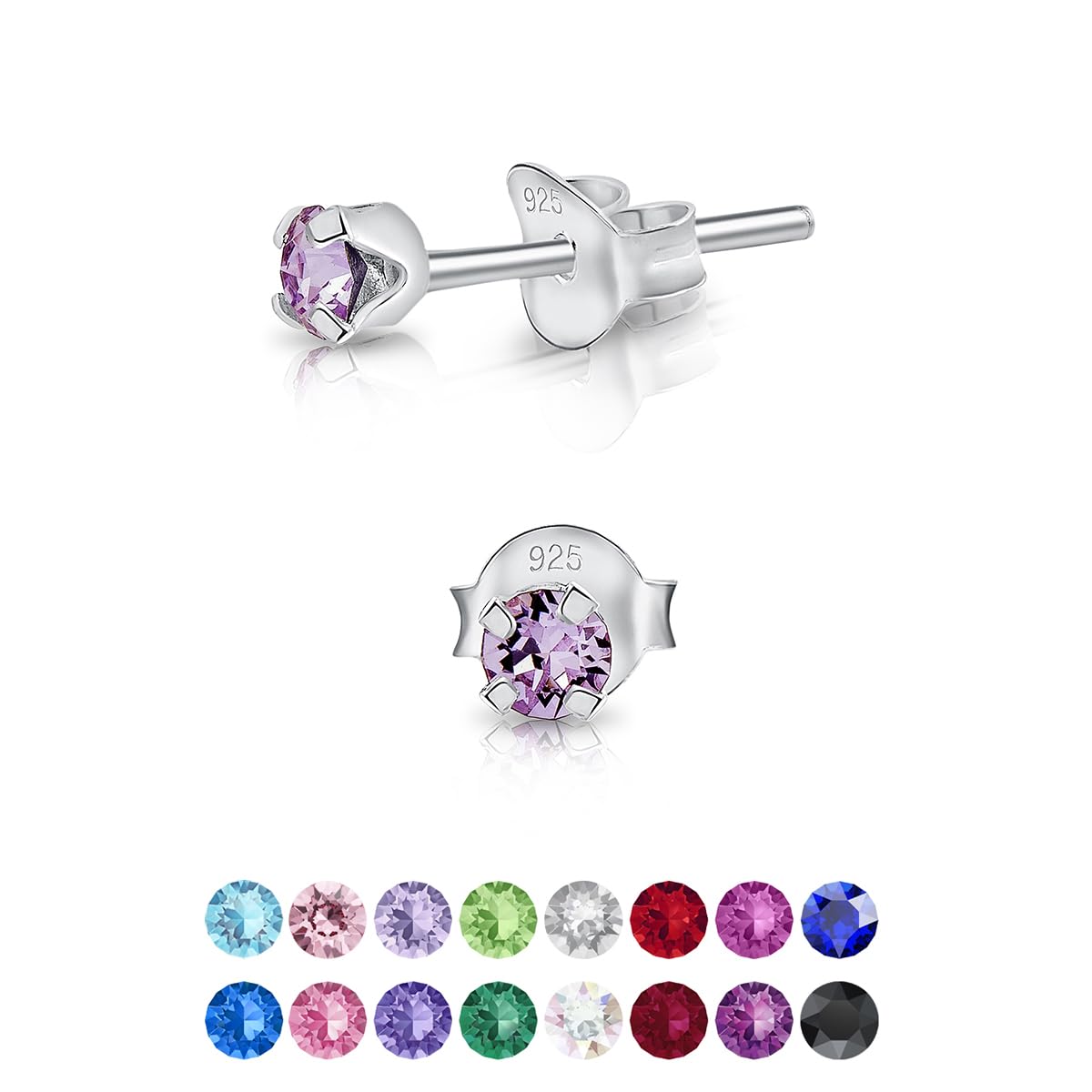 925 Sterling Silver Round Tiny Stud Earrings made with Glittering Crystals - Small Silver Studs Earrings for Woman - Diameter: 3 mm - Colour : Violet