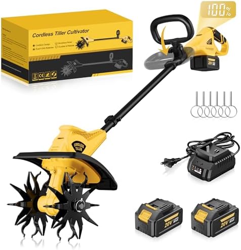 OFISPEED 20V Cordless Tiller Cultivator, 360RPM Electric Rototiller with 2x4.0Ah Batteries, 12" Tilling Width, 8" Depth Garden Tiller for Gardening, Lawn & Soil Cultivation