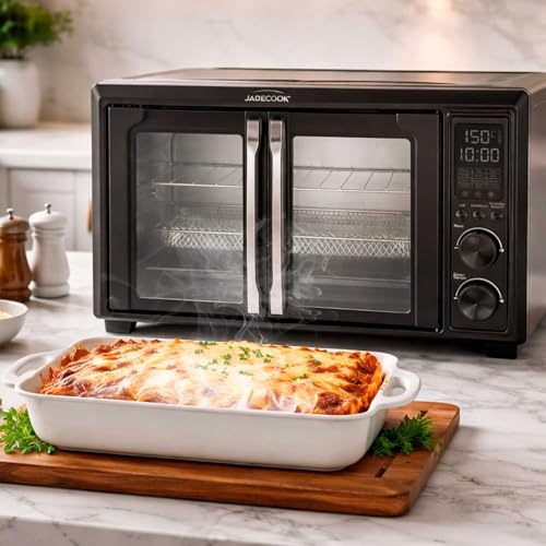 JadeCook Horno Eléctrico con Freidora de Aire de 30 Litros, Temperatura de 100 °C a 230 °C, Apagado Automático, Doble Puerta de Vidrio Templado, Frie Rostiza, Hornea, Cocina Saludable, Color Negro