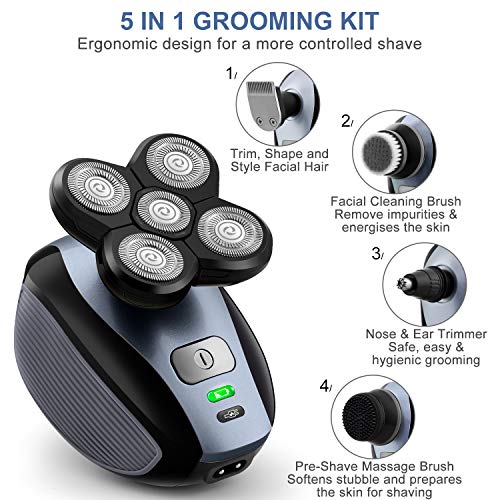Telfun 5-in-1 Electric Razor for Men, Wet&Dry Rechargeable Mens Rotary Shavers, 4D Floating 5 Head Cordless Grooming Kit with Waterproof IPX7, Beard, Nose, Ear, Body Hair Trimmer, Face Cleaning Brush