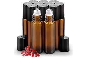 sungwoo 12 Pack Essential Oil Roller Bottles Stainless Steel, 10ml Amber Glass Roller Bottles with Caps for Travel, Perfume and Lip Gloss