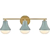 Lark Haddie Modern Three-Light Bath Vanity, Fixture Mounts Up or Down Over Bathroom Mirror, Seafoam and Lacquered Brass Finis