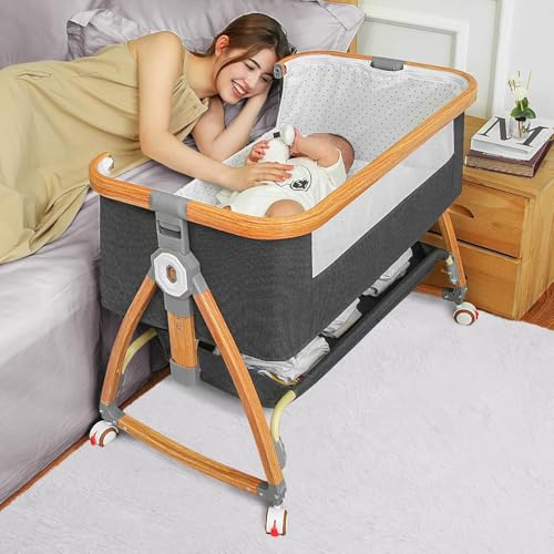 Muja Cuna Multifuncional, Colecho para Padres, Cuna con Mosquitero, Portátil, Ajustable, Convertible a Mecedora, Rueda Silenciosa, Cesta de Almacenamiento(Gris Oscuro)