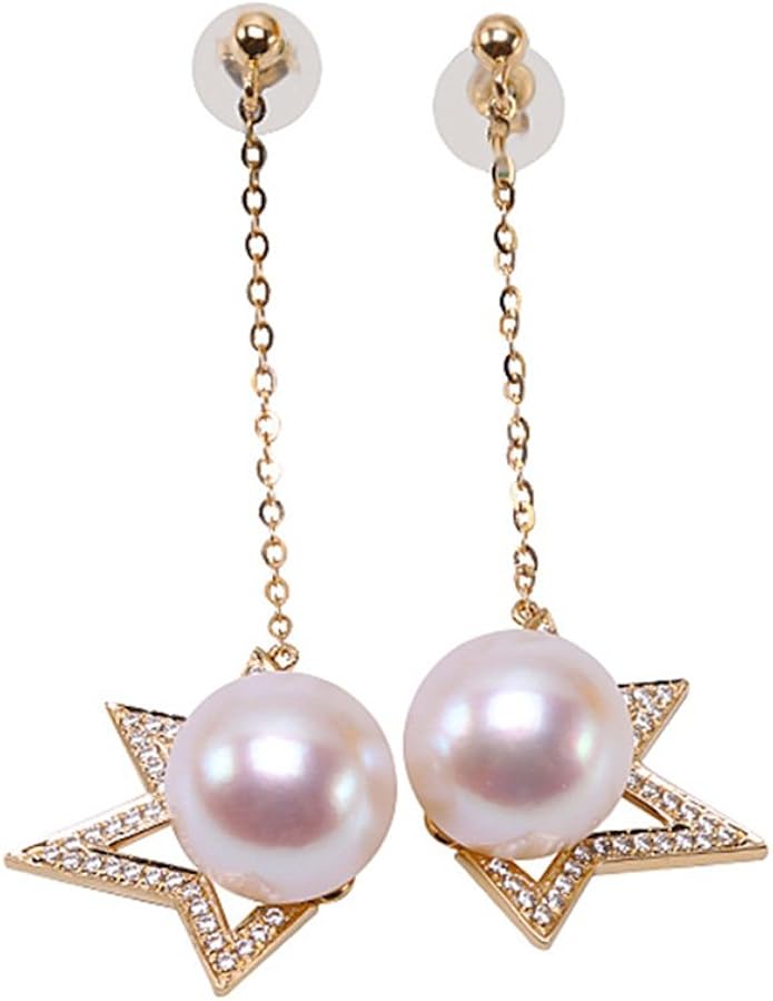 JYX Pearl Long Dangle Earrings 14K Gold 9mm Akoya Cultured