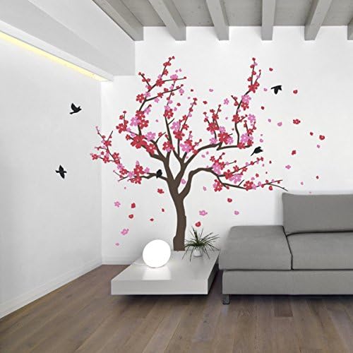 Japanese Cherry Blossom Tree and Birds Wall Decal Sticker for Flower Baby Nursery Room Decor Art (Red & Pink, 38x59 inches)