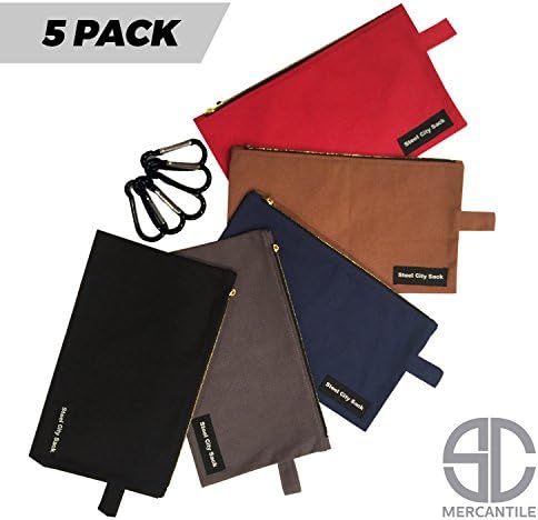 5 Pack - Heavy Duty 16 oz. Canvas Tool Bags with Dependable Metal Zippers, Multi-Purpose, Durable, Storage &amp; Organize,12.5” x 7” Pouch, Easily Sorts Supplies