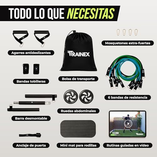 Bandas Elásticas com Barra | Elásticos de resistência até 100 kg | Kit Completo de Treino em Casa | TRAINEX