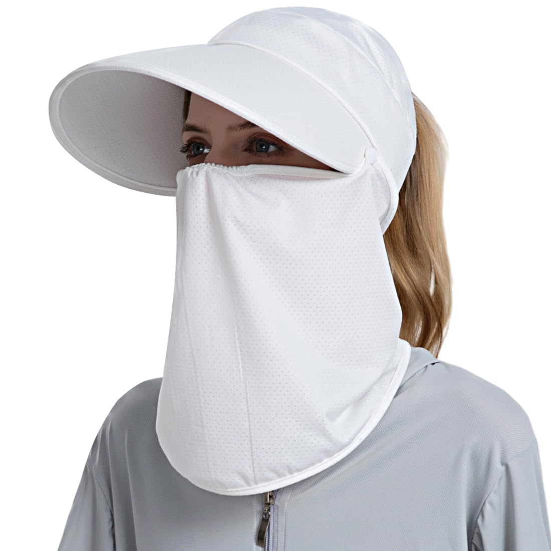 Photo 1 of HUAMULAN Women Wide Brim Sun Hat Face Mask Detachable Neck Face Flap Ponytail Men Summer UV Protection Visor Hats Garden Fishing Hiking