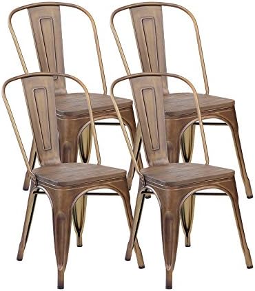 eurosports Tolix Style Chair 3004PB-AC-4 Metal Stackable Kitchen Handmade Wood seat Dining Chairs with Back, Set of 4 Antique Copper