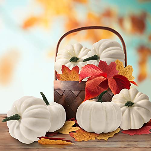 DomeStar Artificial Pumpkins Set, 12PCS White Fake Pumpkins with 30PCS Maple Leaves 1PC String Lights Fall Harvest Mini Pumpkins Faux White Pumpkins for Halloween Thanksgiving Decorations