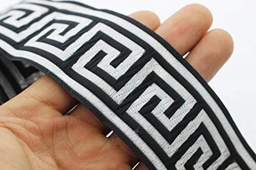 50 mm Black/Silver Greek Key Ribbon, Jacquard Trims (1.96 inches), Vintage Ribbons, Decorative Ribbons, Sewing Trim