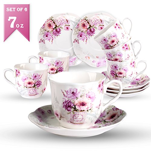 Coffee Tea Cup and Saucer Set of 6â€”7OZ New Bone China Vintage Floral Pattern Tea Cup Set, 220ml Porcelain Cups for Specialty Coffee Drinks, Latte, Cafe Mocha and Cappuccino