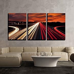 3 Piece Canvas Wall Art - Speed Traffic - Light Trails on Motorway Highway at Night - Modern Home Art Stretched and Framed Ready to Hang - 16"x24"x3 Panels