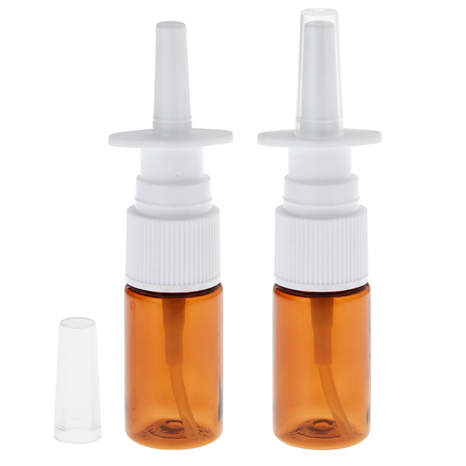 Bright Creations Bulk Nose Spray Bottles - 0.35 fl oz (10 ml) Amber Refillable Plastic Nasal Sprayers - 24-Pack - Fine Mist Caps for Travel & Cosmetic Use