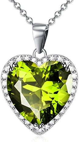 Birthstone Pendant Necklace Sterling Silver Love Heart Solitaire Gemstone Cubic Zircon Women Jewelry Set (August-Peridot)
