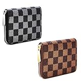 Wallets for Women PU Vegan Leather Rfid Small Wallet Checkered Zip Around Clutch Organizer Multi-purpose Purse 2 Pack Set