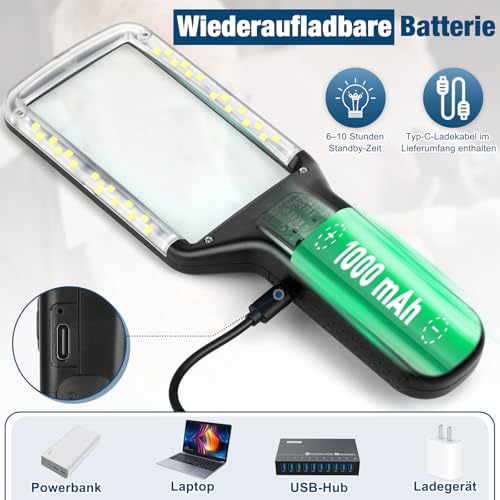 Magnifying Glass with Light Optical Glass, 15X Reading Magnifier with Light for Seniors Large, Type-C Charging, 3 Color Modes, Handheld Magnifier, Dimmable Illuminated Magnifier, Reading Aid for Books