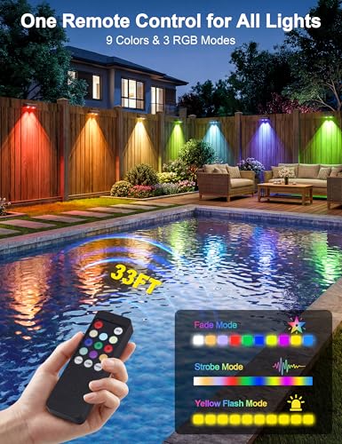 JOFIOS Fence Lights Solar Powered with Remote, 9 Fixed Colors 12 Modes, Solar Fence Lights Outdoor Waterproof, Warm/Cool White, RGB LED Deck Lights for Step/Yard/Railing/Balcony/Patio/Outside, 8 Pack