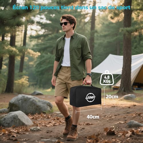 Écran de Projection avec Support 120 Pouces – LEORFI Écran de Projection Portable Intérieur Extérieur avec Dos Noir, 16:9 4K HD, Anti-Plis, Sac de Transport pour Jardin & Home Cinéma