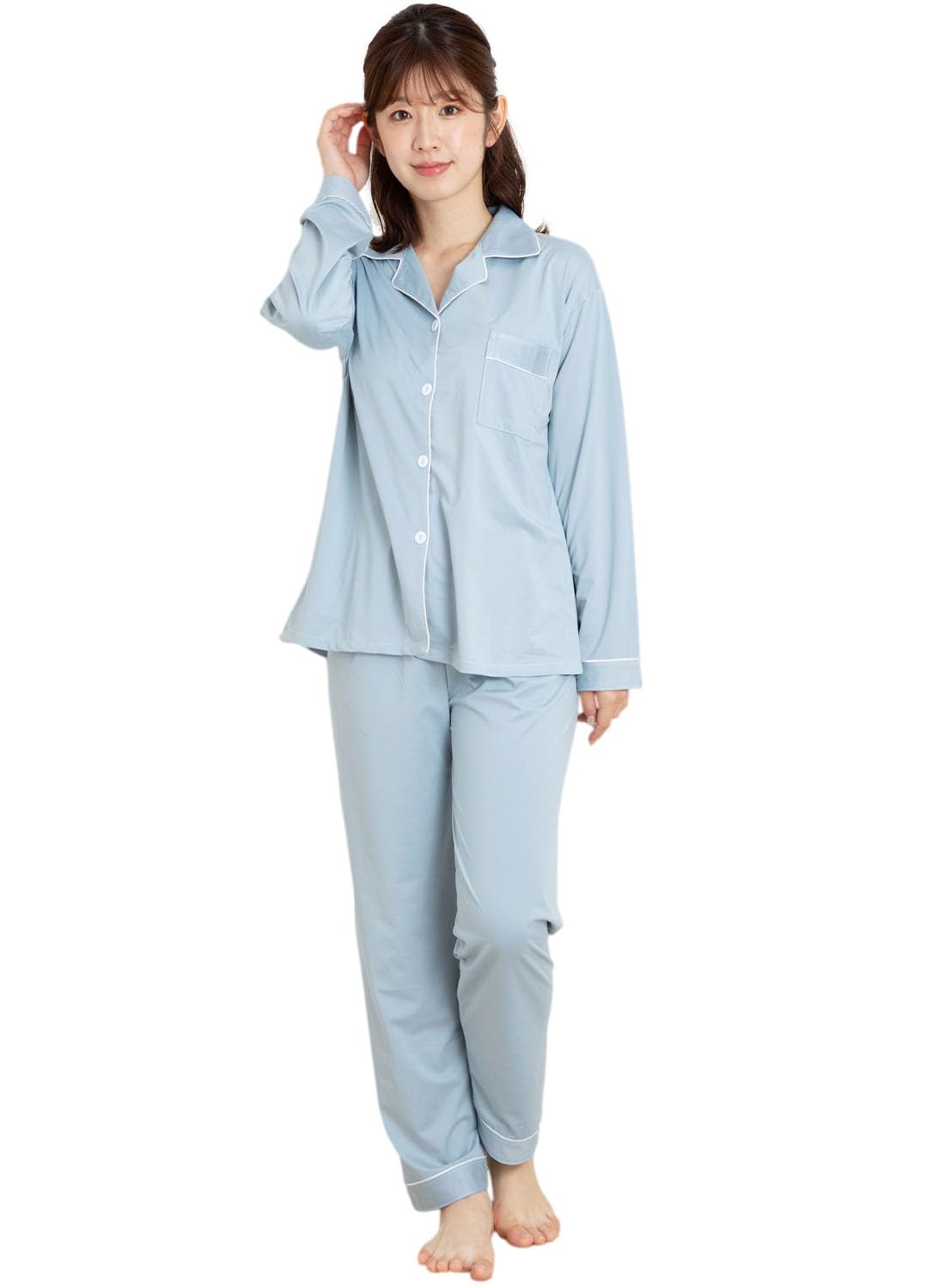 パジャマ レディース 長袖 長ズボン ルームウェア 上下セット 前開き 入院 部屋着 寝間着 ふんわり 薄手 無地 可愛い 春 夏