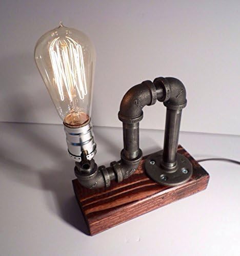 Industrial Steampunk table pipe lamp with Classic Edison bulb and Red Mahogany wood base