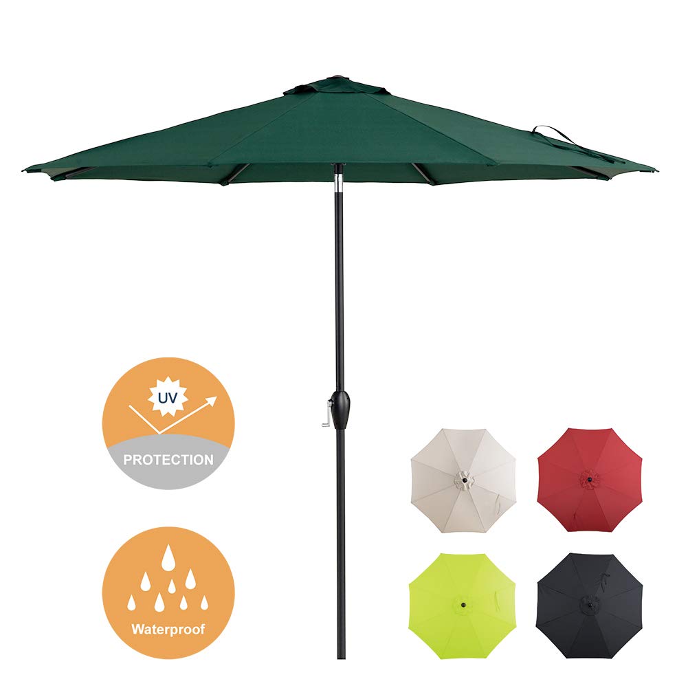 Tempera 9 Ft Patio Umbrella Outdoor Garden Table Umbrella with Auto-Tilt and Crank, 8 Steel Ribs, Forest Green