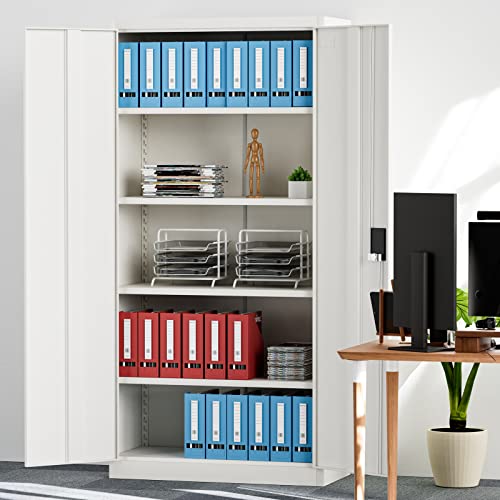Frideko Filing Cabinet 90 x 40 x 185 cm - Metal Cabinet with 2 Doors and 2 Adjustable Shelves, Storage Cabinet with Lock for Home, Office and Warehouse, Light Grey