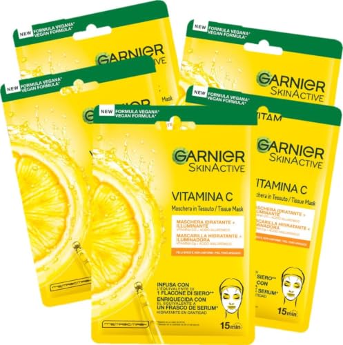 Garnier Skin Active Hydra Bomb Stofmasker, hydraterend en lichtend, met vitamine C en hyaluronzuur, voor een vale en oneffen huid, verpakking van 5 stuks