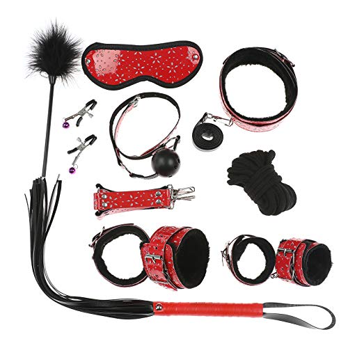 Kismet168 Hot Sale Women’s Couples’ 10PCS Leather Handcuffs Set-Adult Six-Toys for Cosplay Game (Red2)