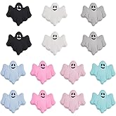 SUNNYCLUE 1 Box 14Pcs 7 Colors Halloween Silicone Beads Cute Ghost Bead Bulk White Black Eco-Friendly Ghosts Rubber Cartoon Flat Beads for Pens Keychains DIY Bracelets Necklaces Jewelry Making Crafts