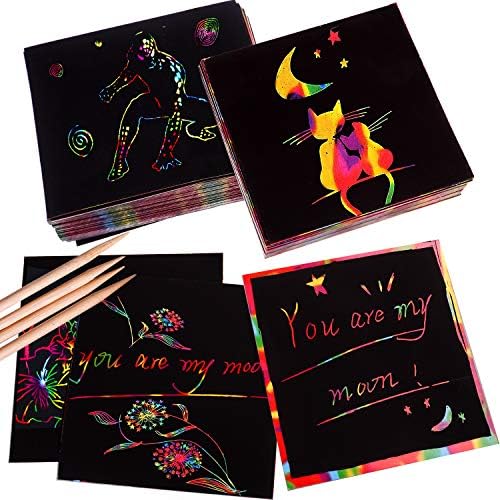 Scratch Mini Art Notes, Scratch Off Paper, 4 Wooden Styluses Included, Create Rainbow Scratch