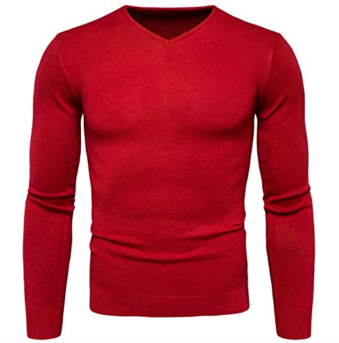Elonglin Mens V-Neck Sweater Knit Fine Coton Classic Jumper Pullover Slim Fit Red US XS (Asian M) Elonglin Mens V-Neck Sweater Knit Fine Coton Classic Jumper Pullover Slim Fit Red US XS (Asian M)
