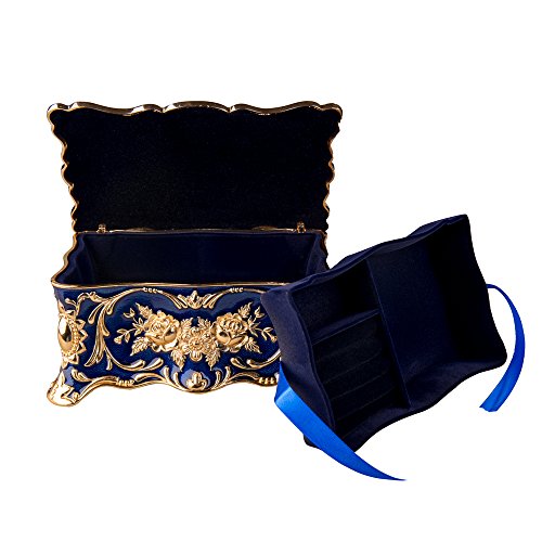 Feyarl Vintage Rectangle Trinket Box Jewelry Box Ornate Antique Finish Engraved with Two- Layer Organizer Box for Christmas Gift (Blue) 7.1 x 4.7 x 3.1 inches - Thumbnail 2