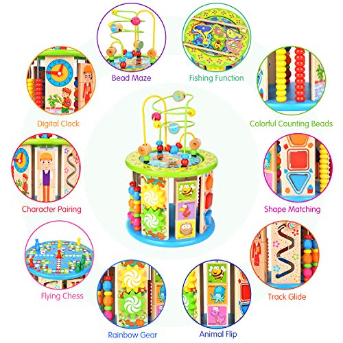 Victostar Activity Cube, 10 in 1 Bead Maze Multipurpose Educational Toy Wood Shape Color Sorter for Kids