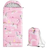 Wake In Cloud - Kids Sleeping Bag for Girls Toddlers, Camping in Warm Cold Weather, Backpacking Lightweight Compact Outdoor Liner for 3 Seasons, Unicorns Rainbow Clouds