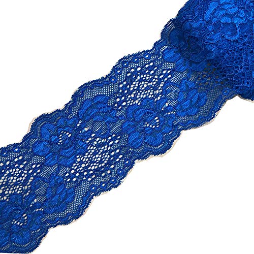 10 Yards Stretch Lace Ribbon Trim 3 inch Floral Pattern Lace Elastic for Headbands Garters Sewing Decorat Craft Supply (Royal Blue) - Thumbnail 3