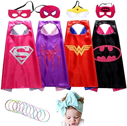 Supermami Superhero Dress Up Costumes Girl Cape and Mask set of 4 with Silicone Glow Bracelets and HeadBand