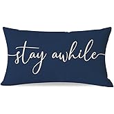 PANDICORN Modern Farmhouse Pillow Covers 12x20 with Words Stay Awhile Cozy Relax Pillow Cover Sayings Blue Rustic Outdoor Decorations Lumbar Throw Pillow Cases for Home Guest Room Couch Patio Decor
