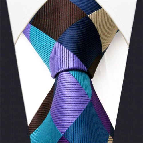 IntrepidIntrepid Corporate Elite Sky Blue, Blue , Brown and Purple Checked Pattern Men's Necktie Tie 100% Silk Jacquard Handwoven Woven,59''(150cm )in length and 3.4''(8.5cm) in Width