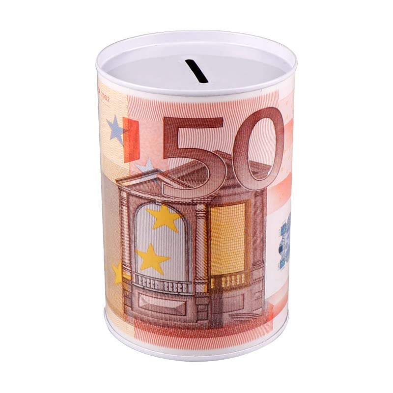 Money Box Money Paper Coin Banknotes Vintage Decorative Savings Children Adults Coin Purse Tin Tin Can Not Openable 12.5 x 11 cm (50 EURO)