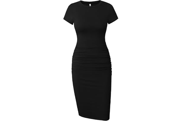 Missufe Women's Short Sleeve Ruched Casual Sundress Midi Bodycon T Shirt Dress