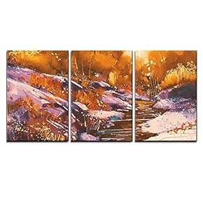 3 Piece Canvas Wall Art - Illustration - River Lines with Stones in Autumn Forest,Illustration Painting - Modern Home Art Stretched and Framed Ready to Hang - 16"x24"x3 Panels