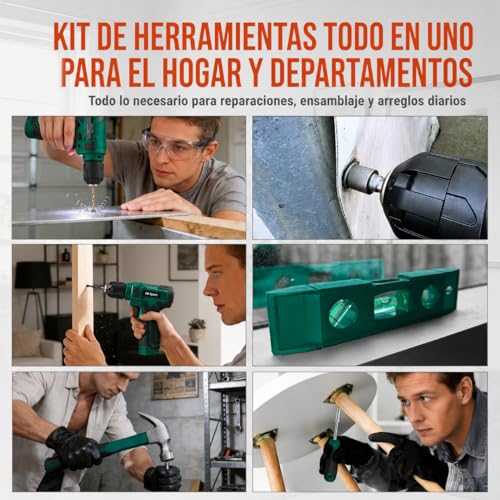 Hi-Spec Cordless Drill Driver 8V USB Rechargeable with Household Tool Set Compact Case with Drill Bits Hammer Tips Pliers Accessories DIY Furniture Assembly Green