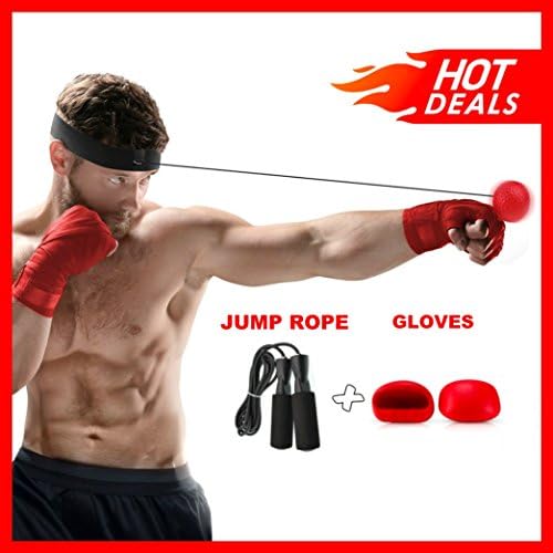 Boxing Reflex Ball Bundle With Headband, Gloves & Jump Rope, Gym Equipment to Improve Speed, Agility and Conditioning, Adult/Kids Gift MMA Sports Fight Workout Exercise Practice Training and Fitness