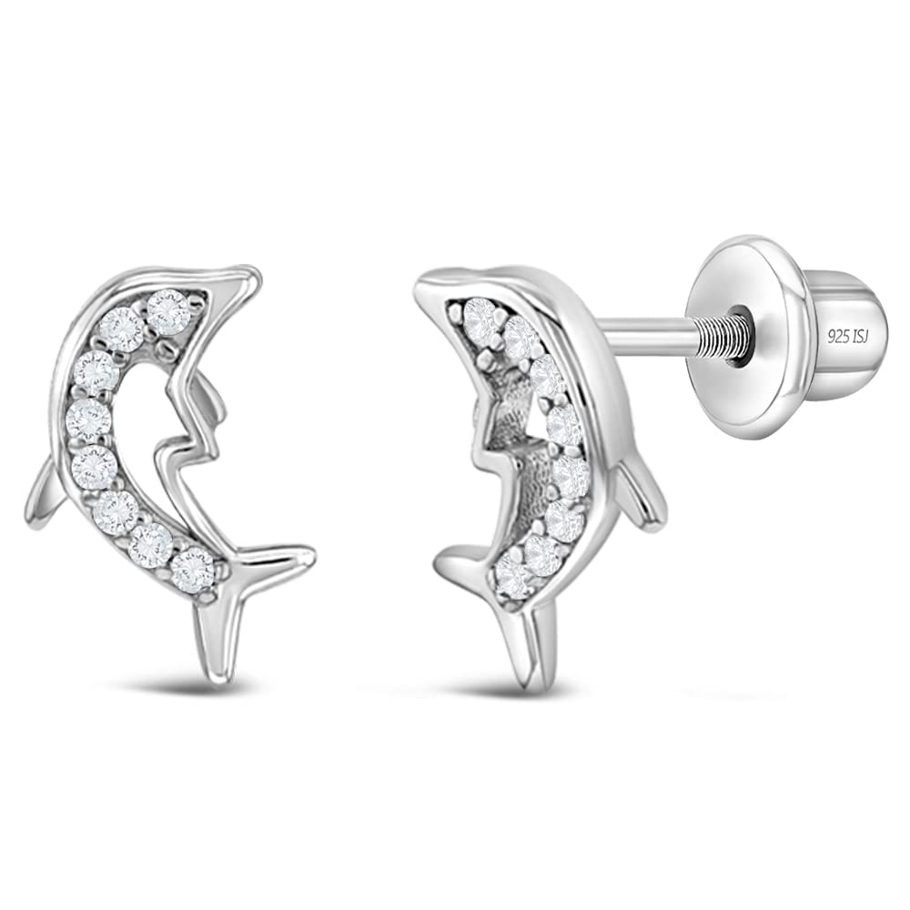 925 Sterling Silver Nautical Clear Cubic Zirconia Dolphin Screw Back Earrings for Little Girls, Pre-teens and Teens 9mm - Glittering Marine Life Jewelry for Young Girls