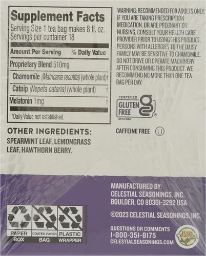 CELESTIAL SEASONINGS SLEEPYTIME WELLNESS TEA PLUS MELATONIN, CAFFEINE FREE, 18 TEA BAGS BOX